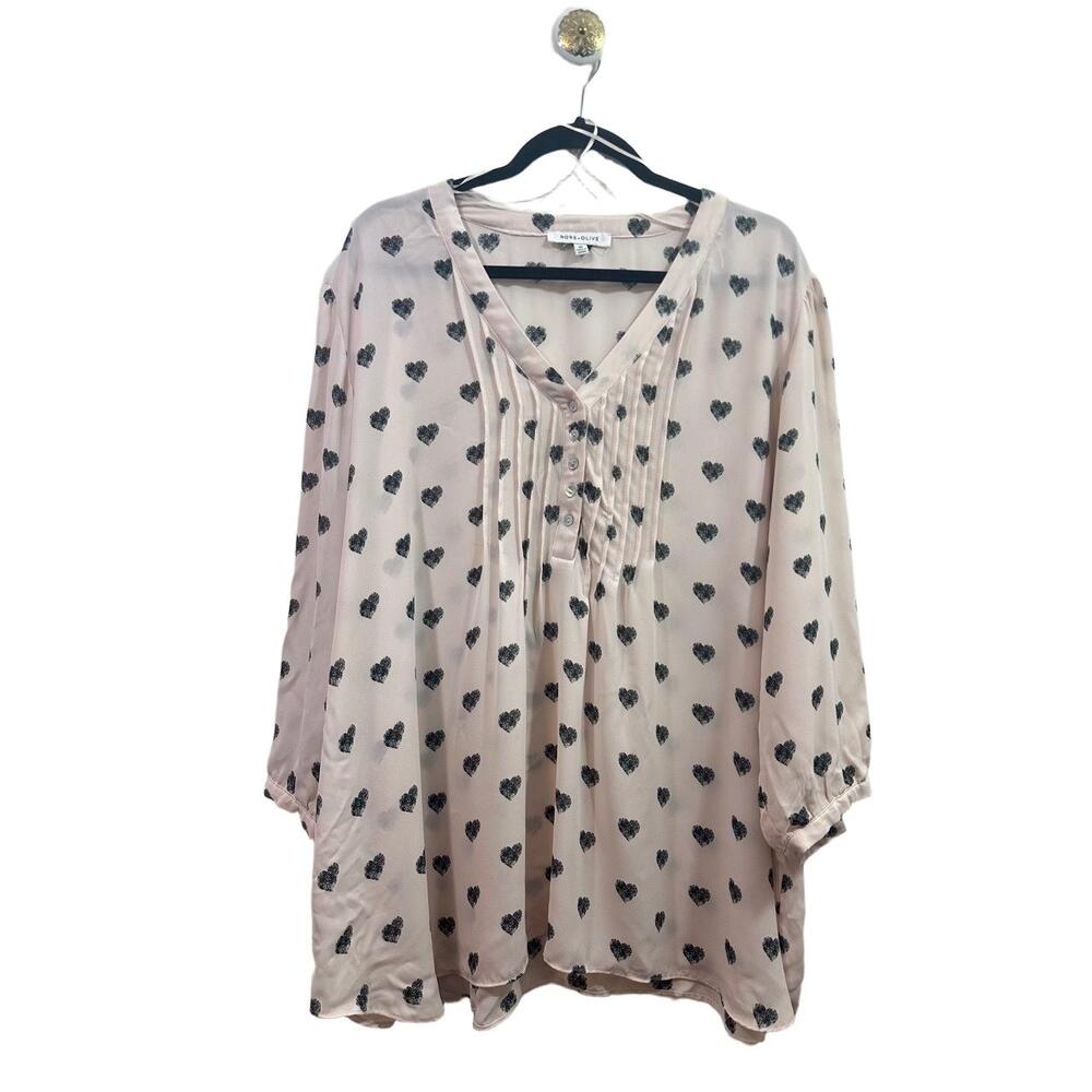 Rose + Olive Blouse Womens Size 3X Blush Heart Pattern Tunic 3/4 Sleeves V-Neck